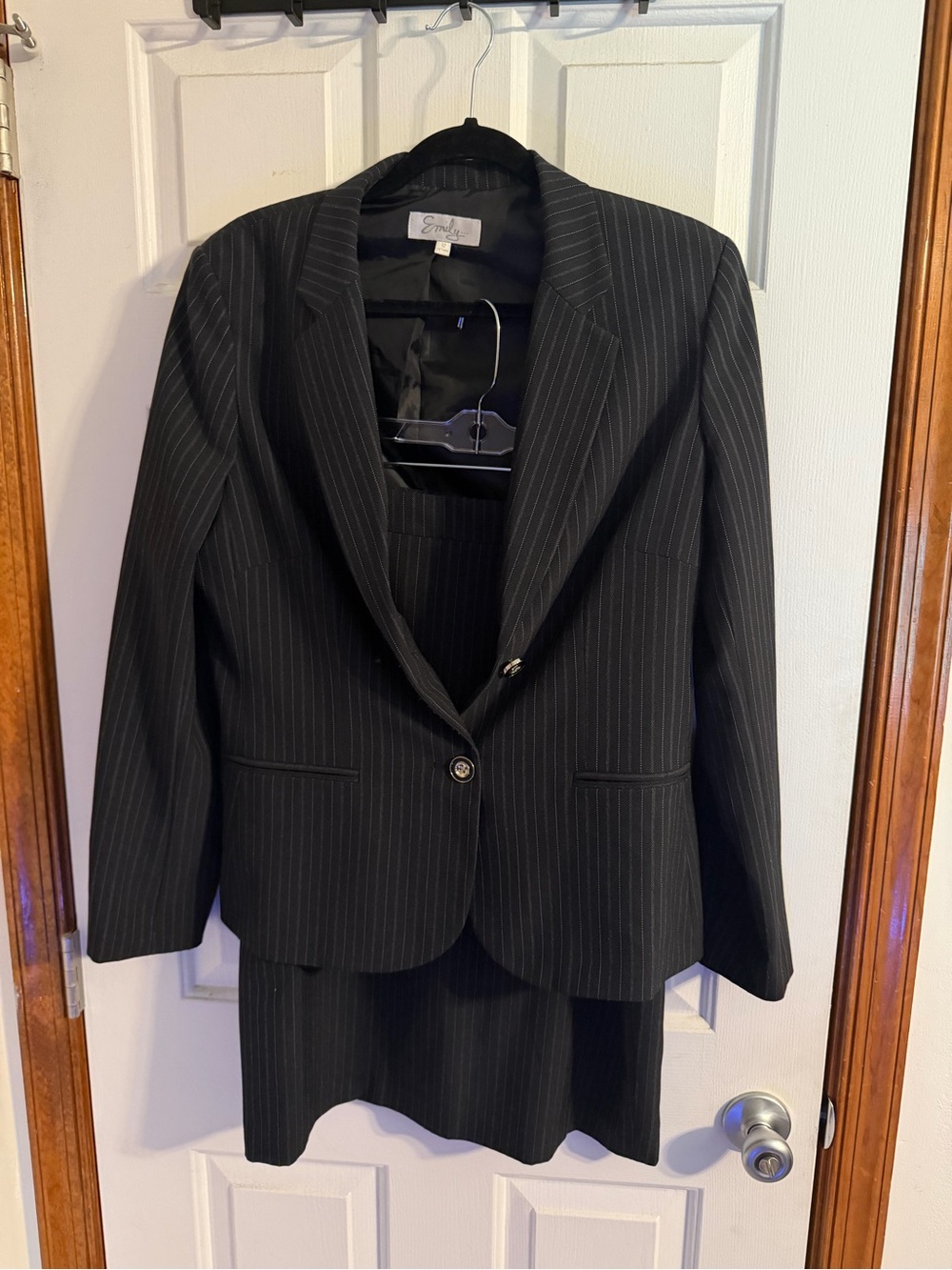 Emily… Black Pinstripe Skirt Suit Set Size 12 Blazer & Skirt